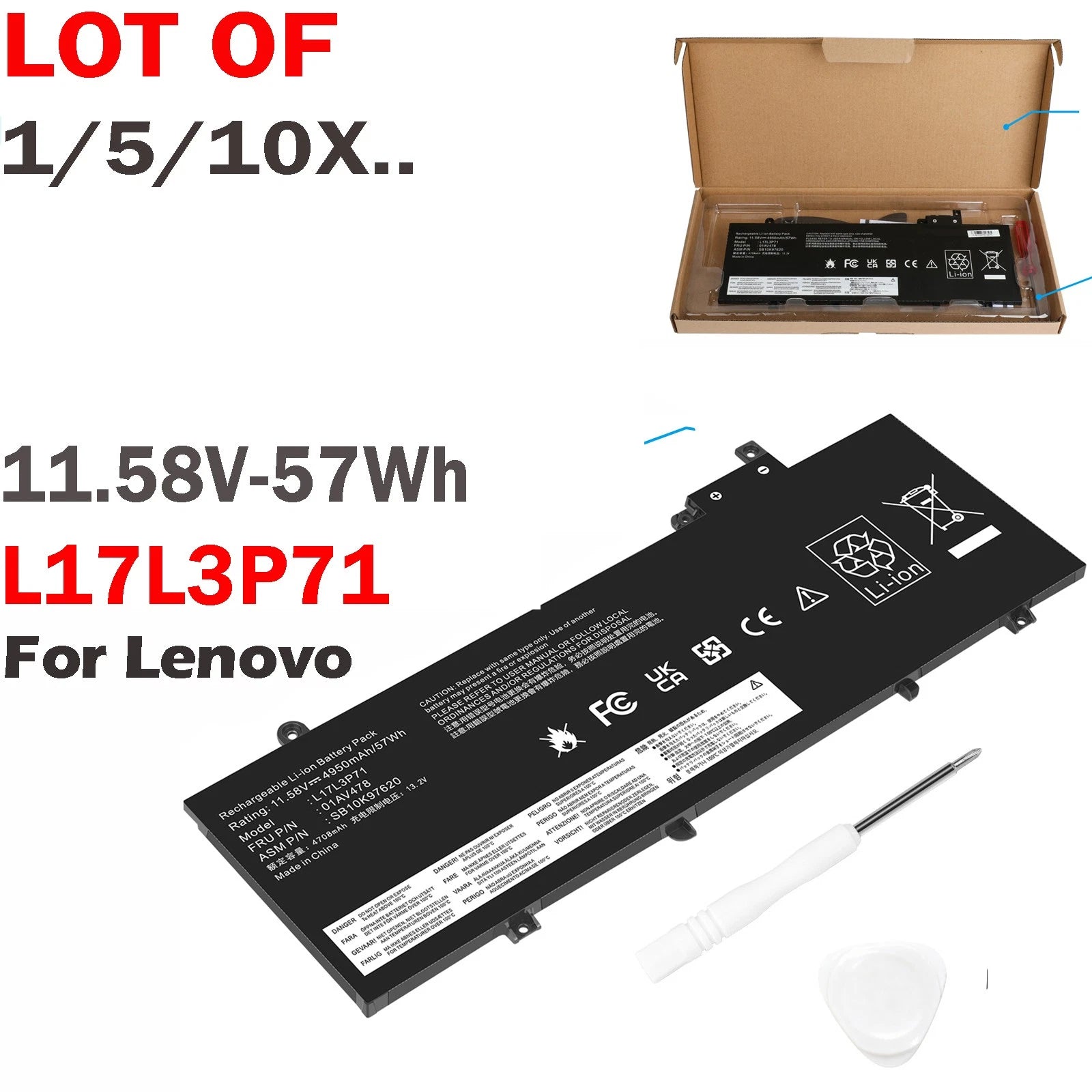Lot 10X Battery For Lenovo thinkpad t480s 01AV478 01AV480 L17L3P71 L17M3P71 57Wh