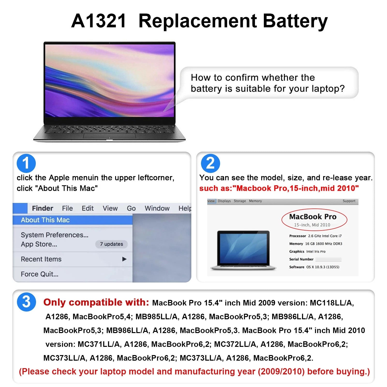 A1321 Battery for Apple Macbook Pro 15 inch A1286 ( Mid 2009 2010) MC372LL/A