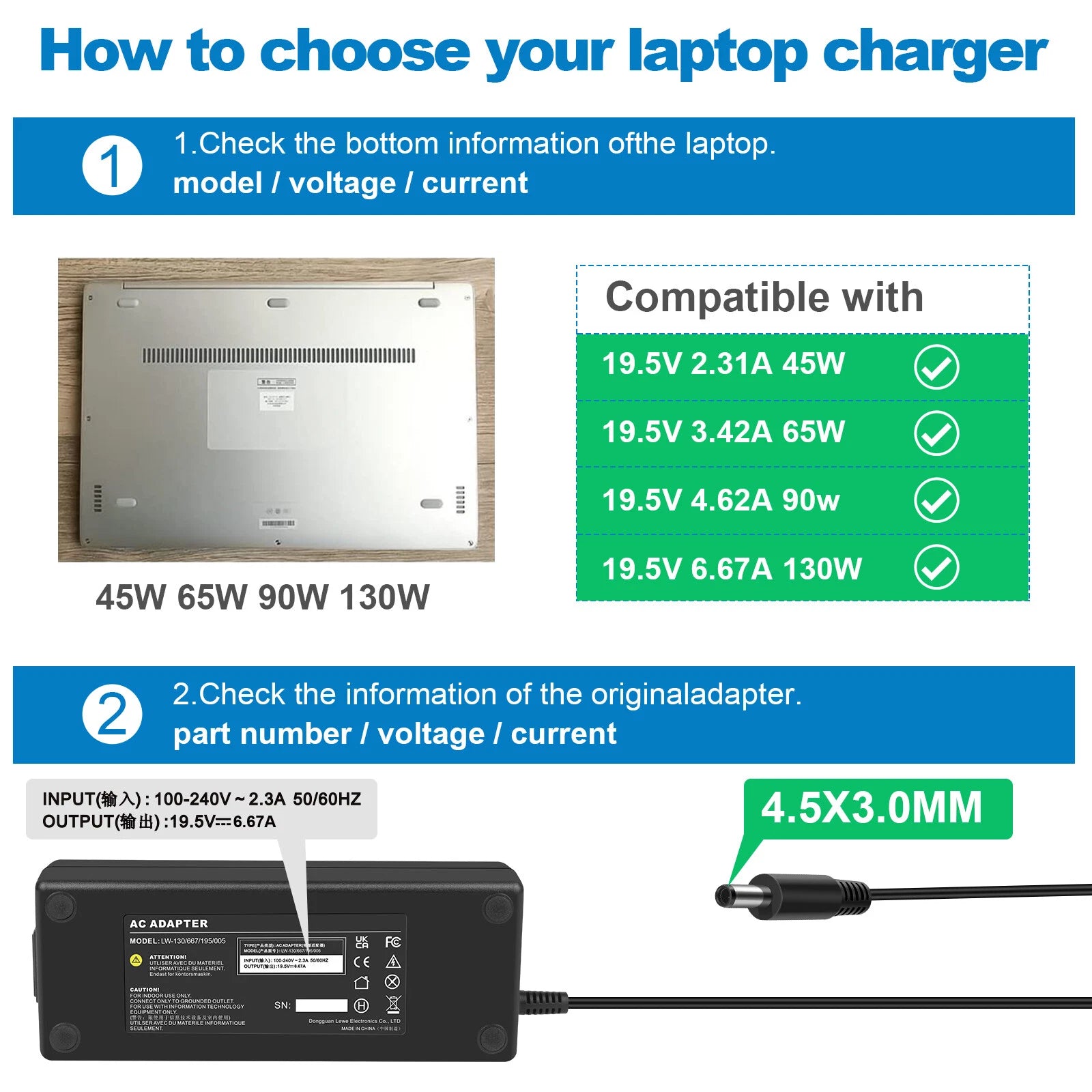 130W Adapter Charger for Dell vostro 7500 7510 7590 4.5*3.0mm DA130PM130 19.5V