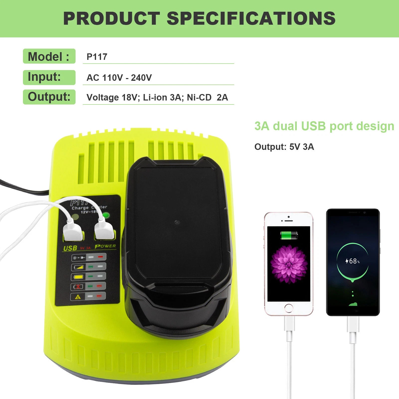 USB Fast Charger For RYOBI P108 P117 18Volt Lithium-Ion Battery 18V US