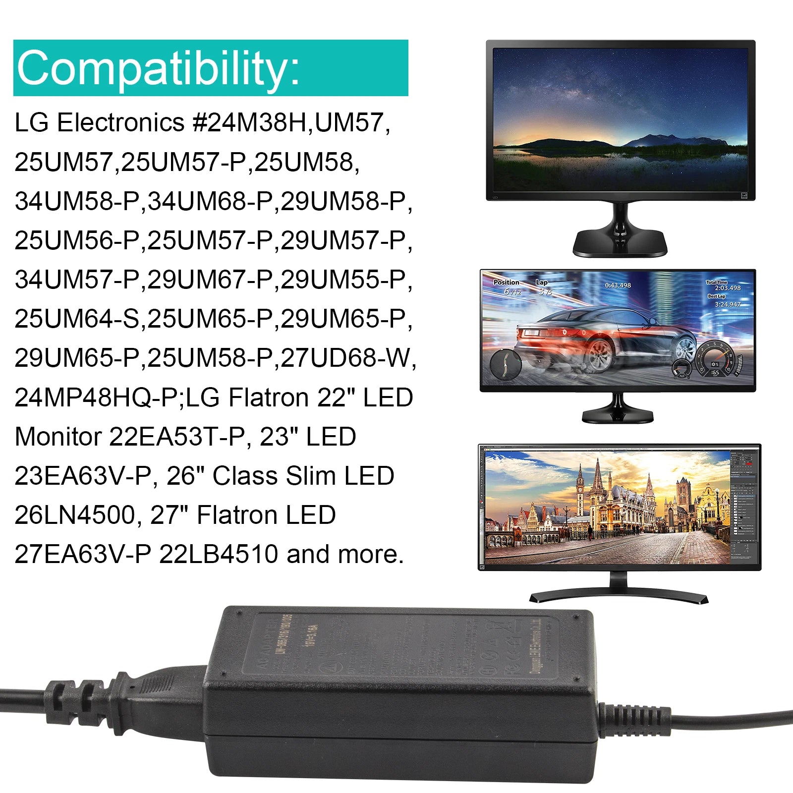 For 19V LG LED LCD Monitor Widescreen HDTV 19" to 28" Cord Charger Power Adapter