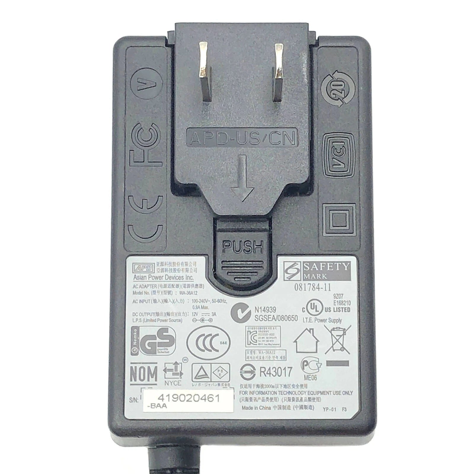 NEW Genuine APD WA-36A12 AC Power Adapter 12V 3A N14939 Power Supply 36W OEM