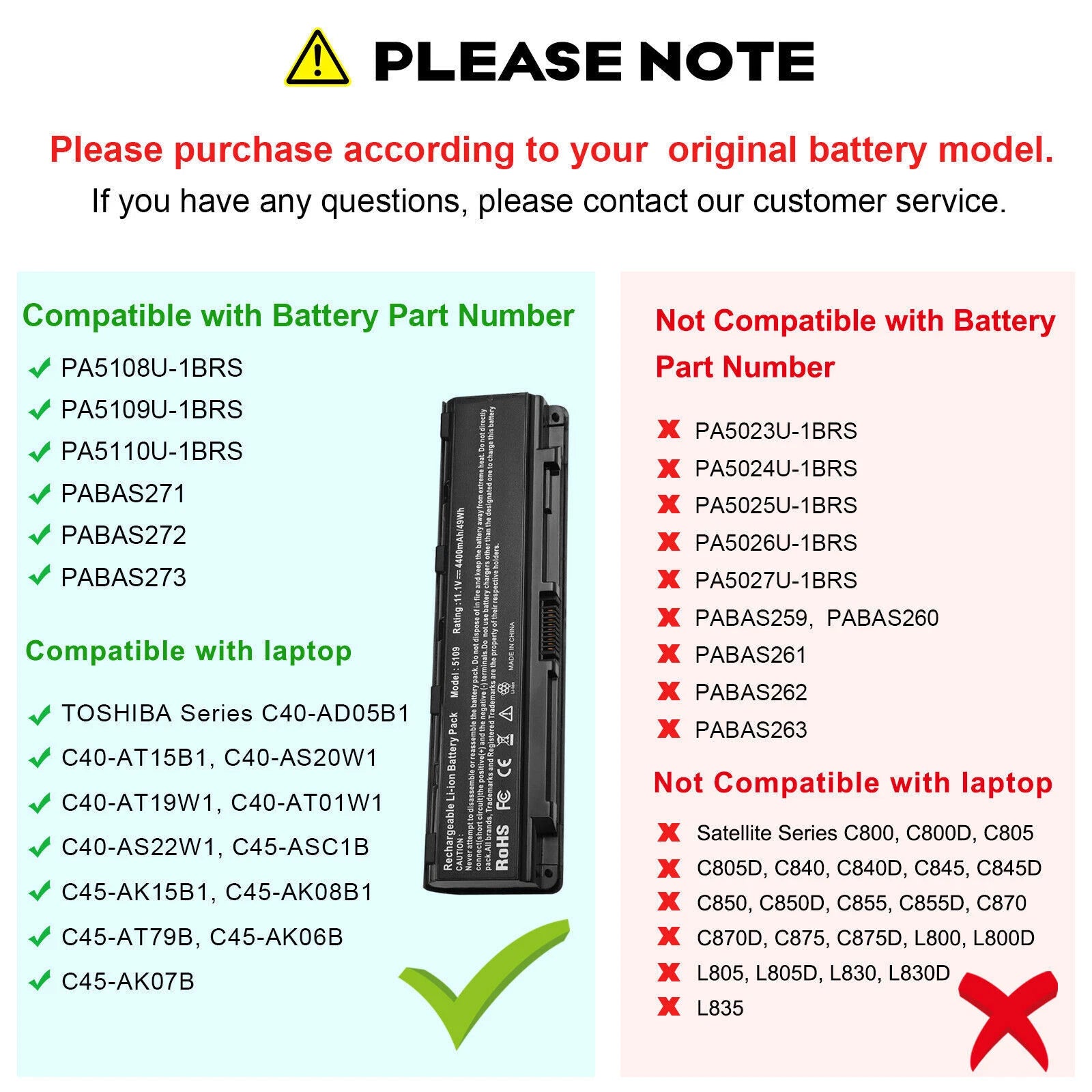 PA5024U-1BRS PA5109U-1BRS Battery For Toshiba Satellite C850 PABAS260 Pa5026u