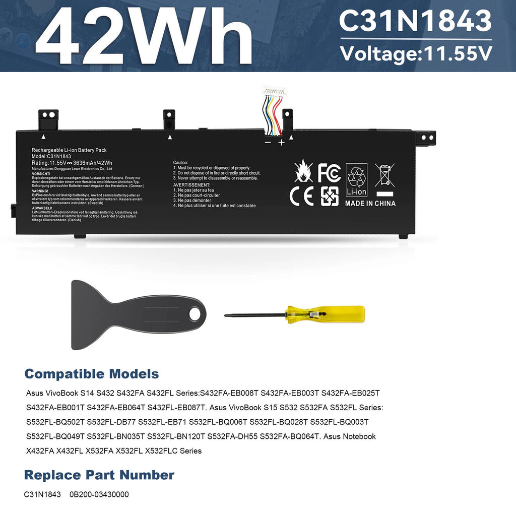 ??Battery C31N1843 For ASUS VivoBook S14 S432 S432FA S432FL S15 S532F X432F 42Wh