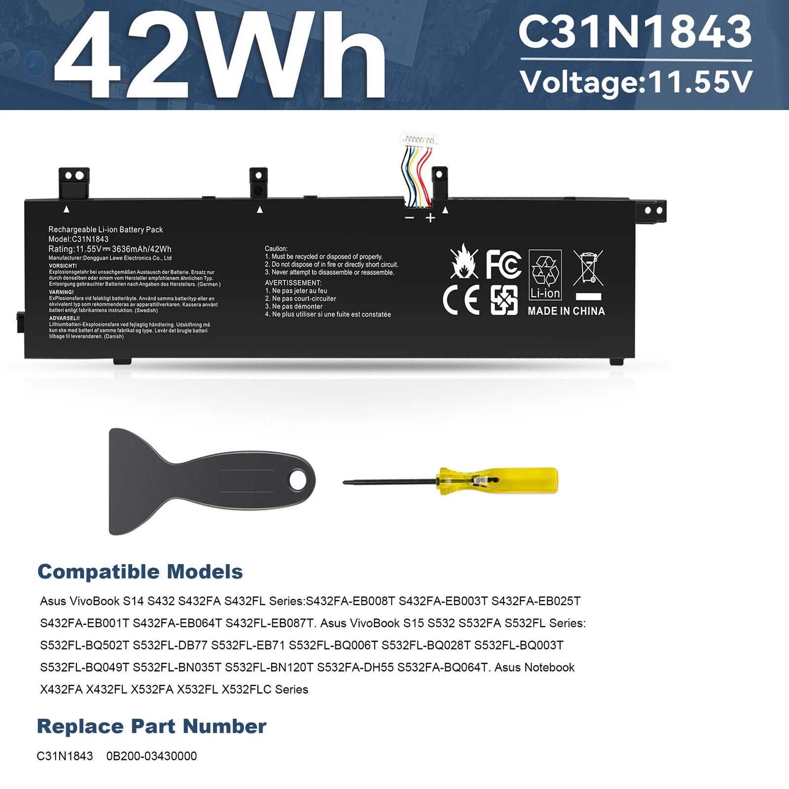 ??Battery C31N1843 For ASUS VivoBook S14 S432 S432FA S432FL S15 S532F X432F 42Wh