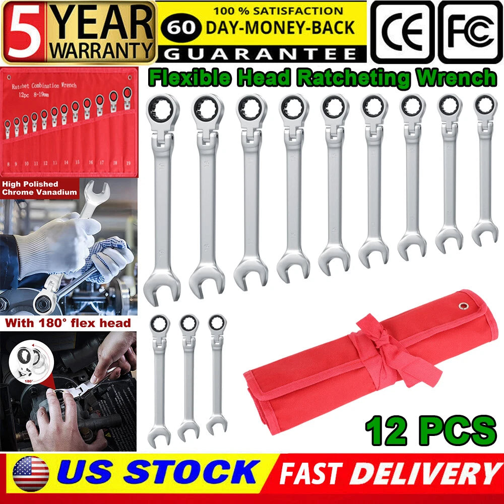 12Pc 8-19mm Flexible Head Ratcheting Wrench Combination Spanner Auto Tool Metric