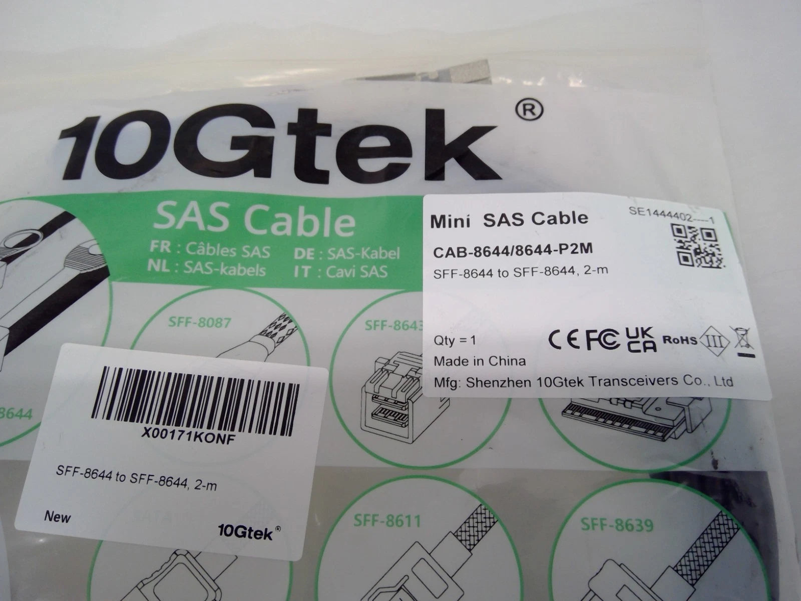 NEW 10Gtek CAB-8644/8644-P2M External HD Mini-SAS Cable SFF-8644 12Gbps 2M