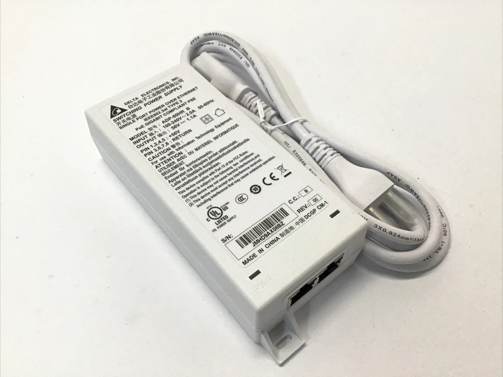 Lot of 5 - Delta PoE Injector 56V Gigabit Single Port Over Ethernet ADP-60HR B