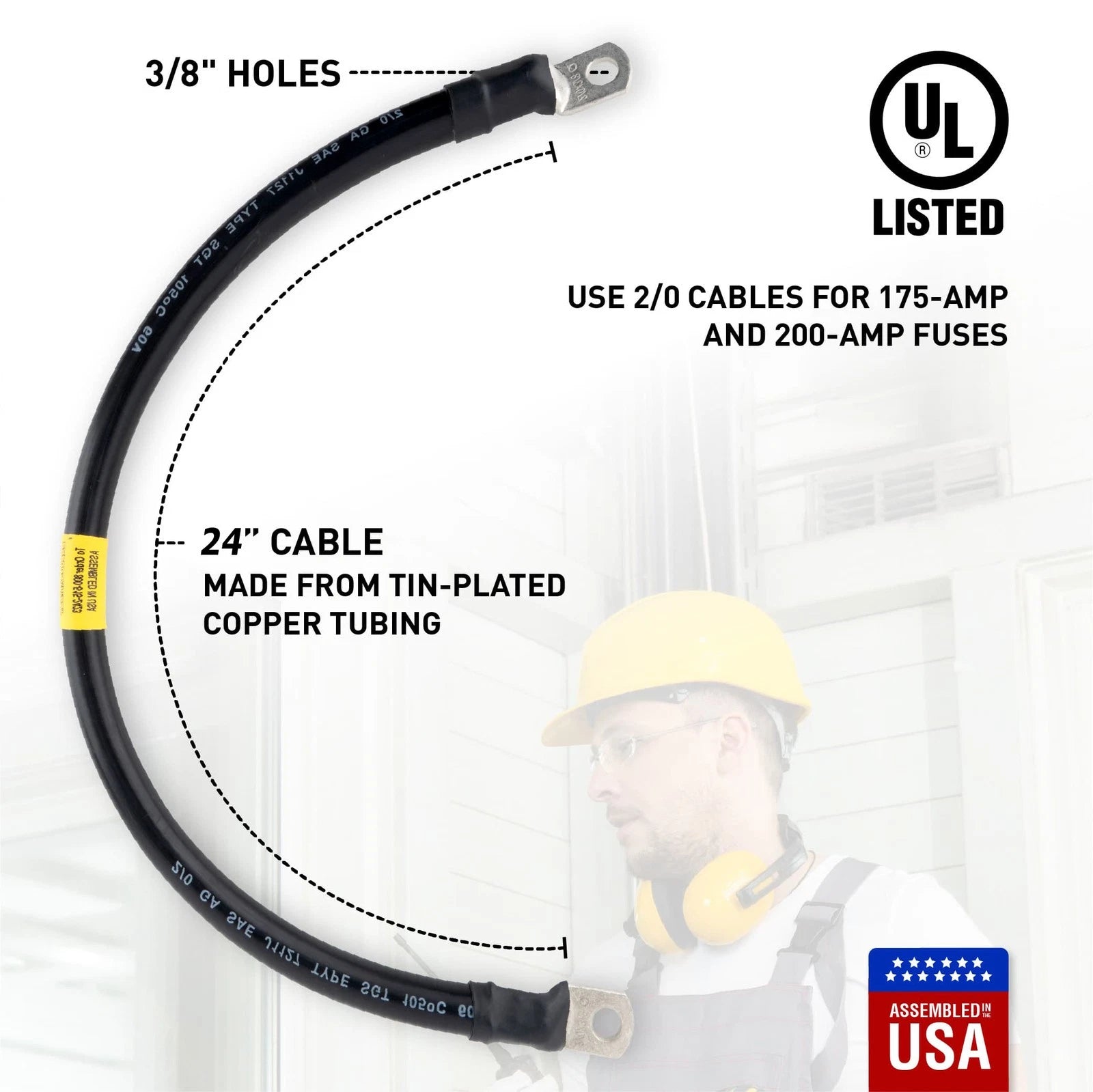 2/0 Black Battery Interconnect Cable 24" with 3/8" Lugs ASSEMBLED IN USA