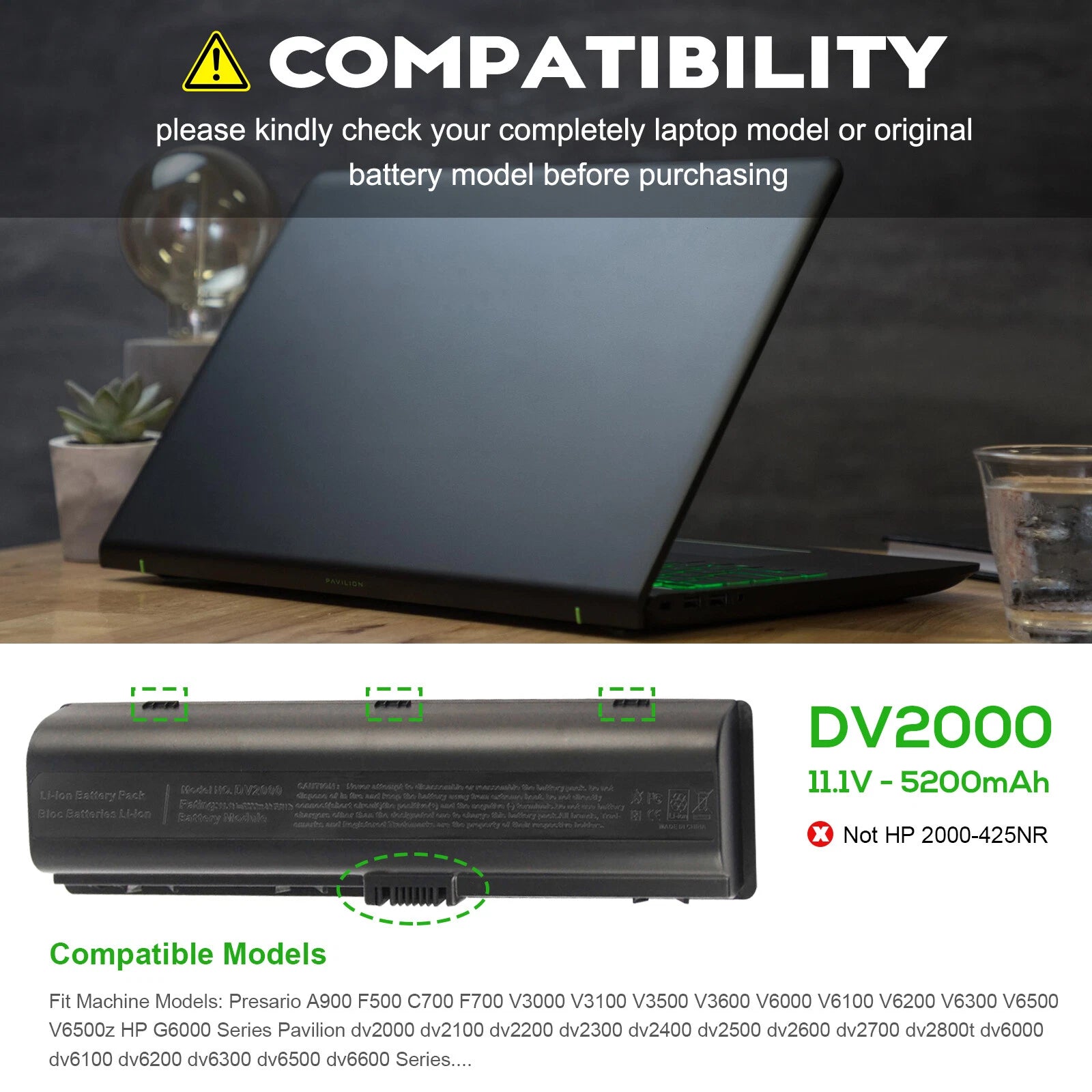 DV2000 Battery for HP Pavilion DV6000 DV6100 DV6500 DV6700 V3000 V6000 5200mAh
