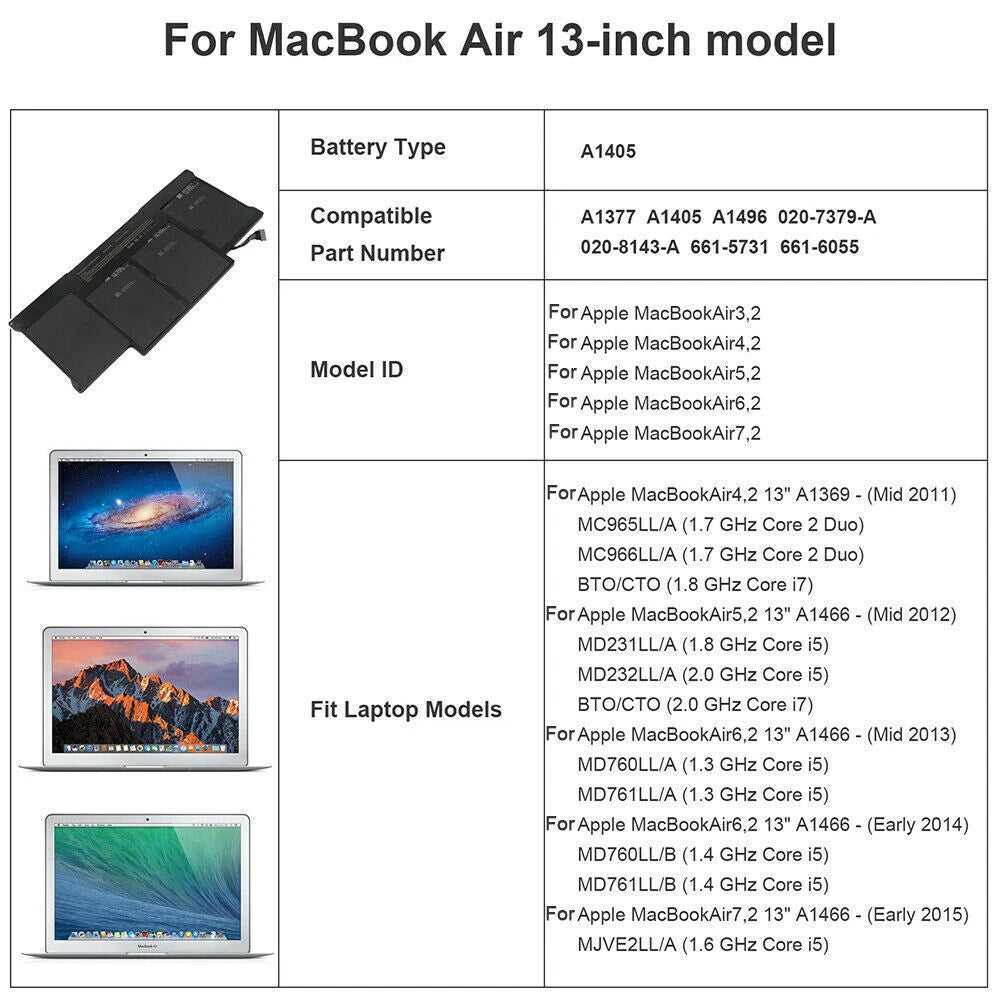 A1466 Battery for MacBook Air 13'' A1466 A1496 2013 2014 2015 2017 A1405 A1377