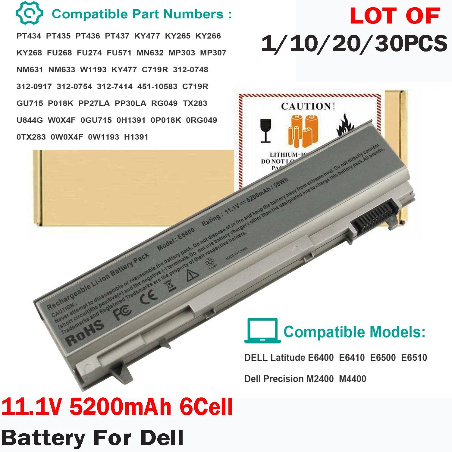 LOT 30x Battery For Dell Latitude E6400 E6410 E6500 E6510 PT43 PT434 KY477 M2400