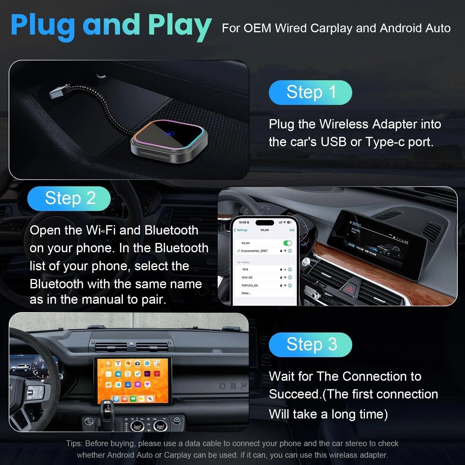 Wireless Carplay Adapter for Apple iPhone iOS 10+/Android/Outo Built-in CarPlay