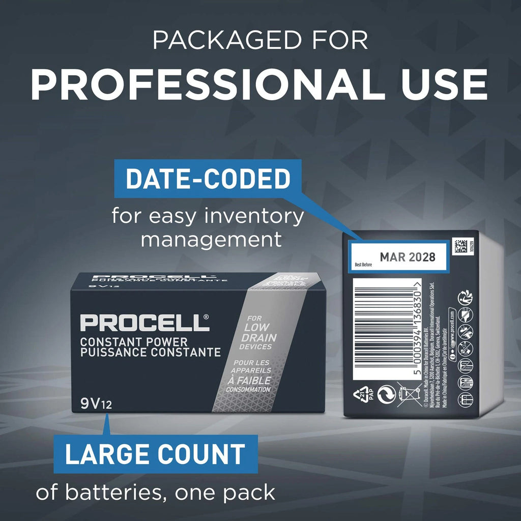 12pc Duracell PROCELL Constant Power PC1604 9V Everyday Alkaline Batteries