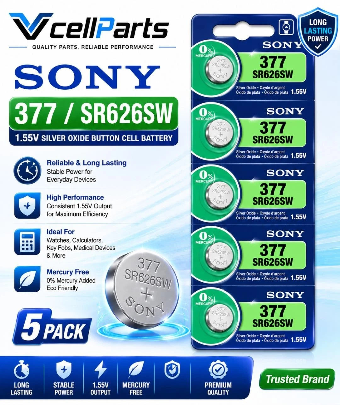 MURATA / SONY 377 SR626SW (5 piece) SR626 V377 Watch Battery USA seller