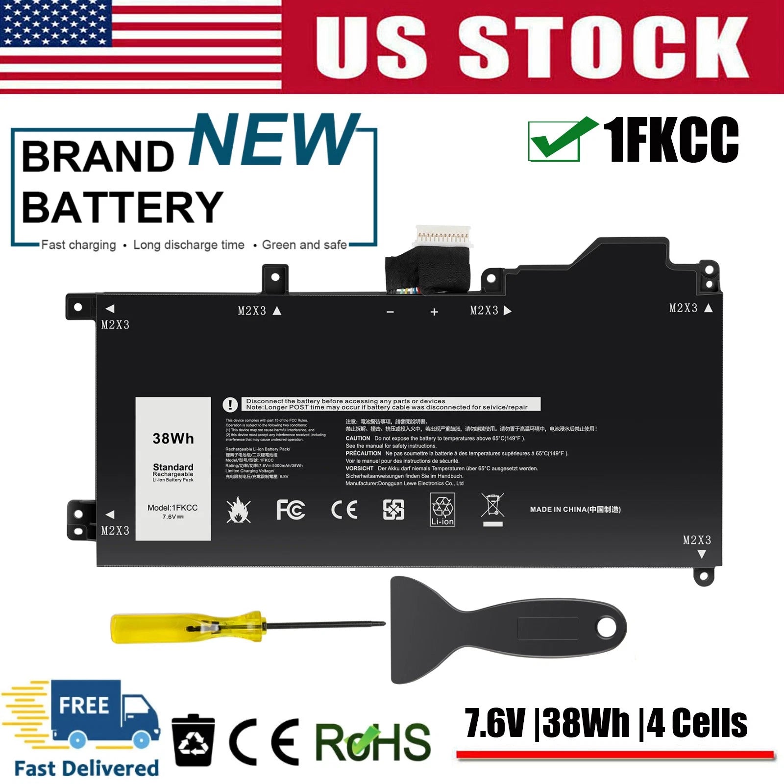 1FKCC Laptop Battery For Dell Latitude 7200 7210 2-in-1 09NTKM D9J00 0KWWW4 38Wh