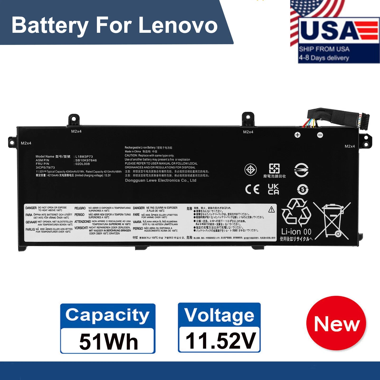 Battery L18L3P73 For Lenovo ThinkPad T490 T495 P43S 02DL007 L18M3P73 L18M3P74