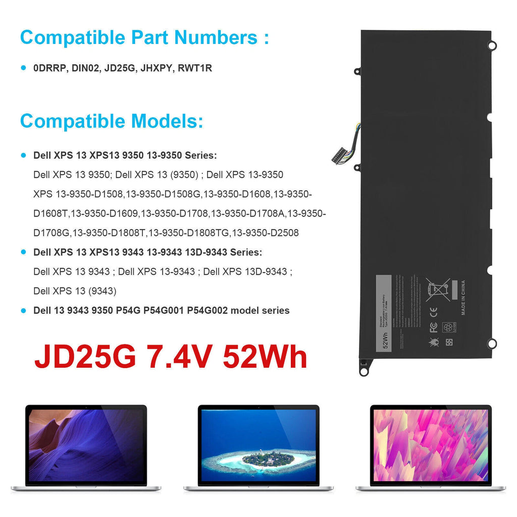 JD25G PW23Y Battery For Dell XPS 13 9343 9350 9360 P54G P54G001 P54G002 Laptop