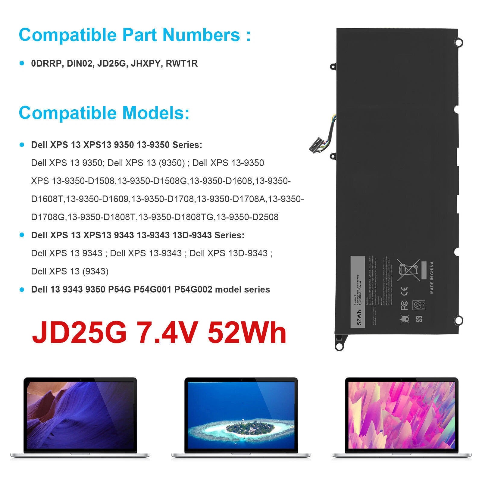 JD25G PW23Y Battery For Dell XPS 13 9343 9350 9360 P54G P54G001 P54G002 Laptop