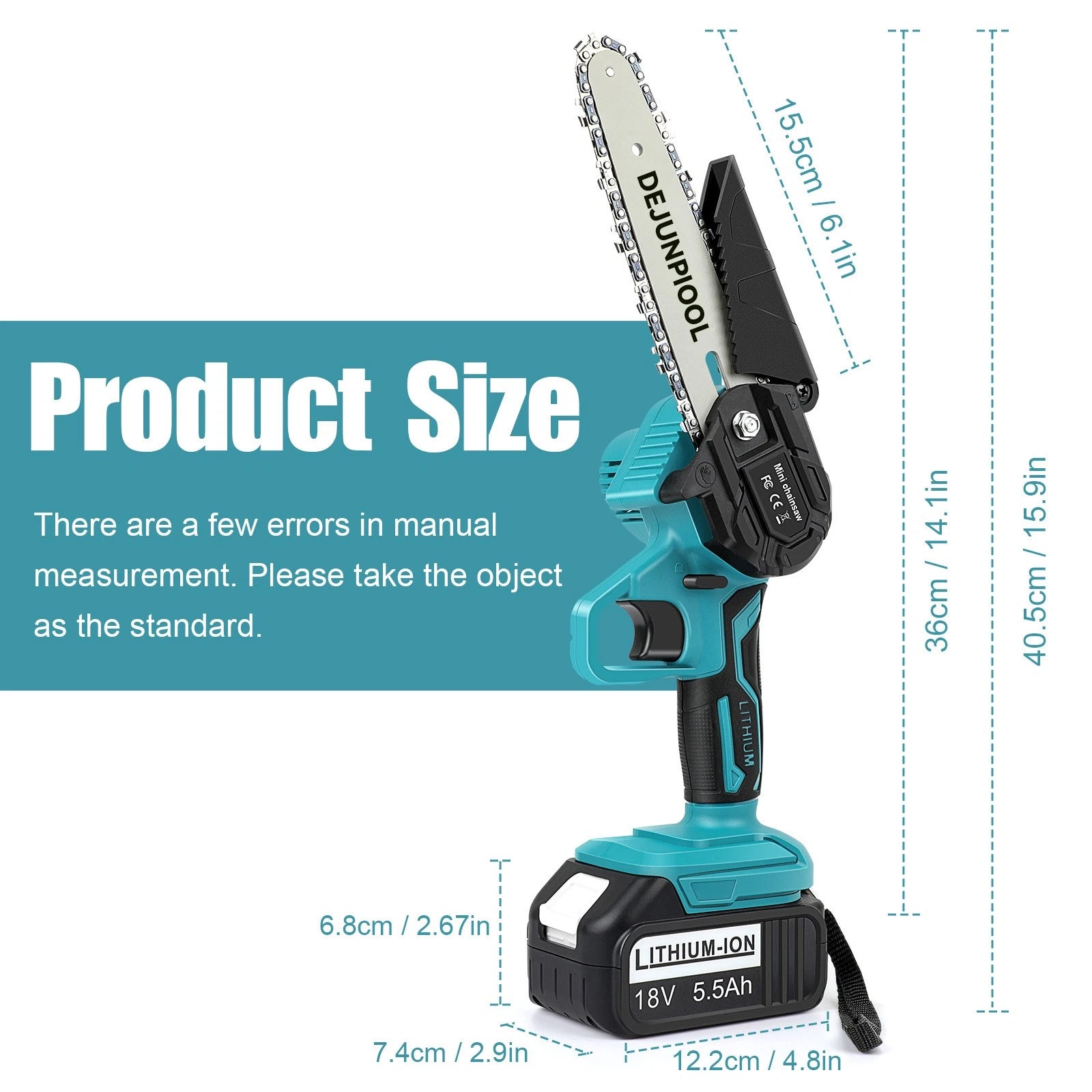 DEJUNPIOOL 6" Mini Handheld Electric Chainsaw Cordless 18V 5.5Ah Battery Power
