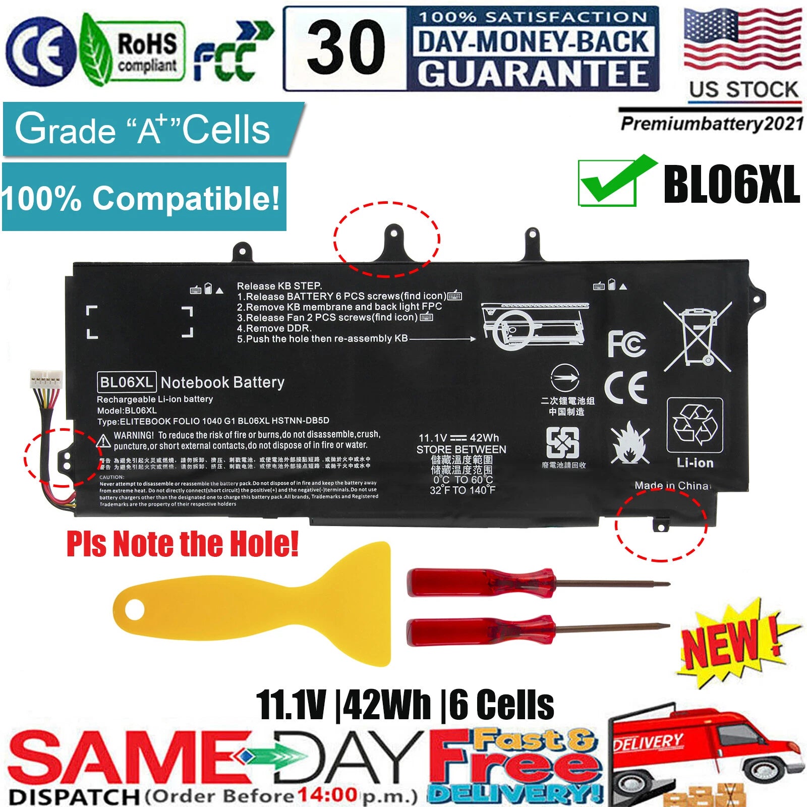 BL06XL Battery For HP EliteBook Folio 1040 G0 G1 G2 Spare 722297-001 HSTNN-W02C