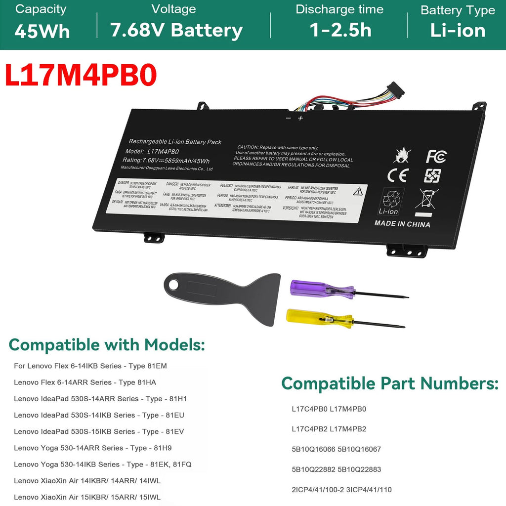 Battery L17C4PB0 L17M4PB0 For Lenovo IdeaPad 530S-14IKB 15IKB Yoga 530 45Wh+Tool