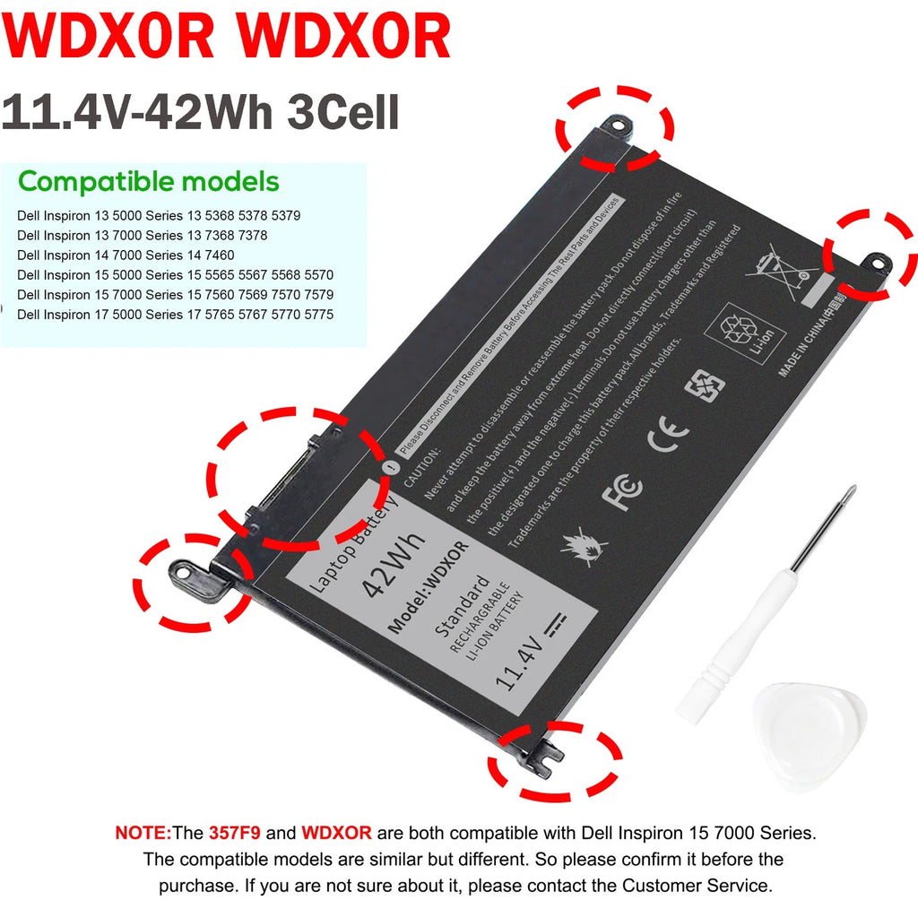 WDXOR Laptop Battery For Dell Inspiron 15 5565 5567 5568 13 5368 42Wh 11.4V