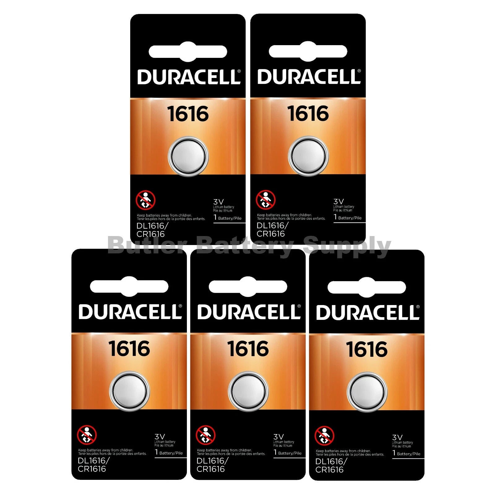 5 1616 Duracell Coin Cell Batteries - Lithium 3V - (CR1616, DL1616,ECR1616,YA)