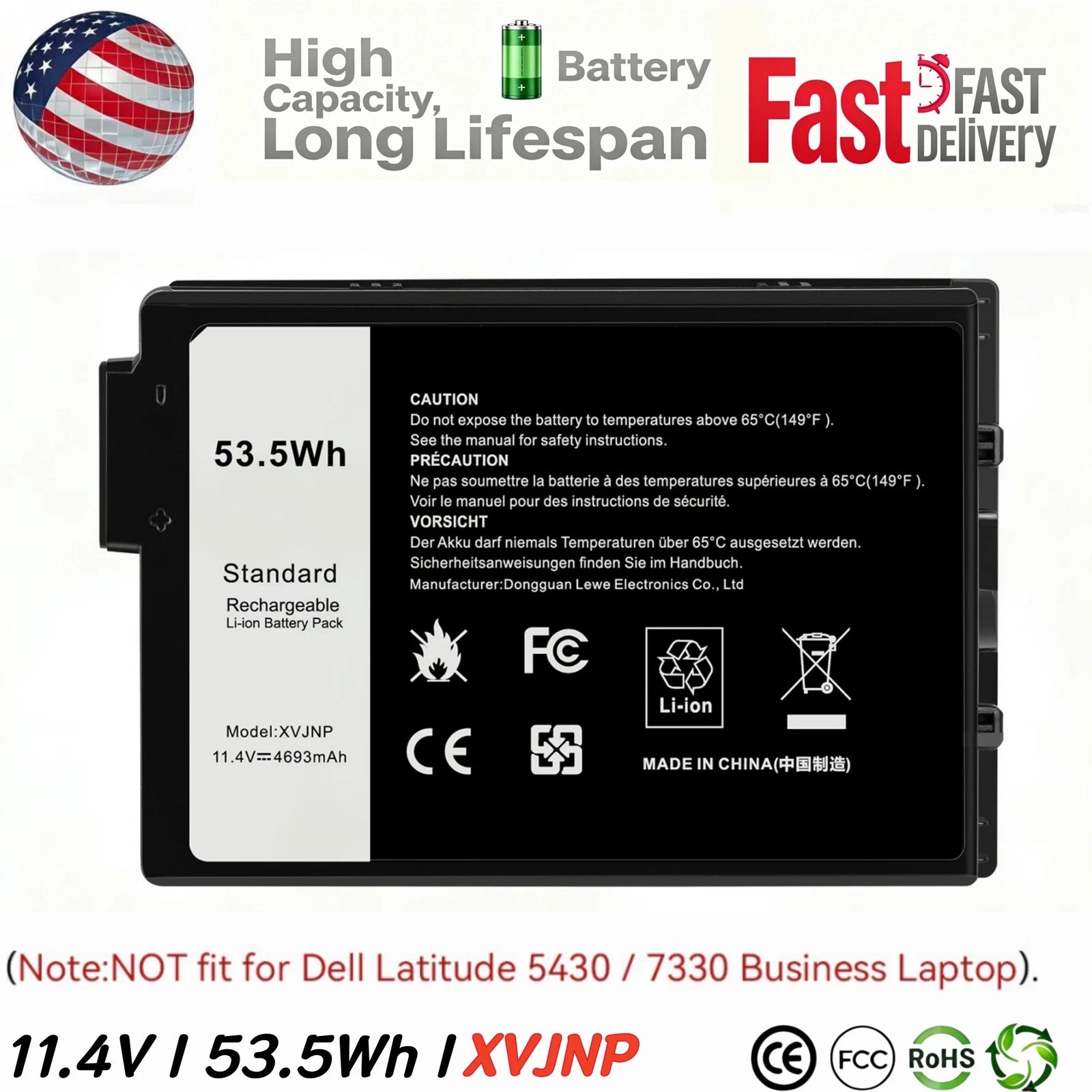 XVJNP Battery For Dell Latitude 5430 7330 Rugged Extreme Series P148G P148G001