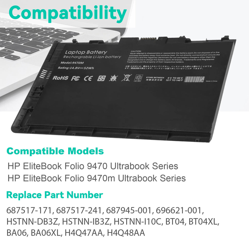 BT04XL Battery for HP EliteBook Folio 9470M 9480M HSTNN-DB3Z 687945-001 BA06XL