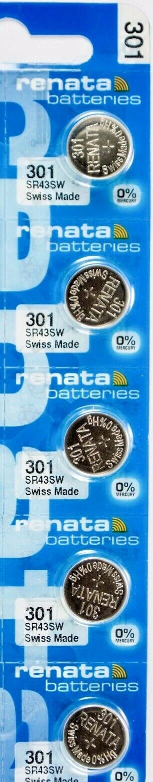 5 pcs Renata 301 Watch Batteries 301 SR43SW SR43 301 Free shipping USA seller