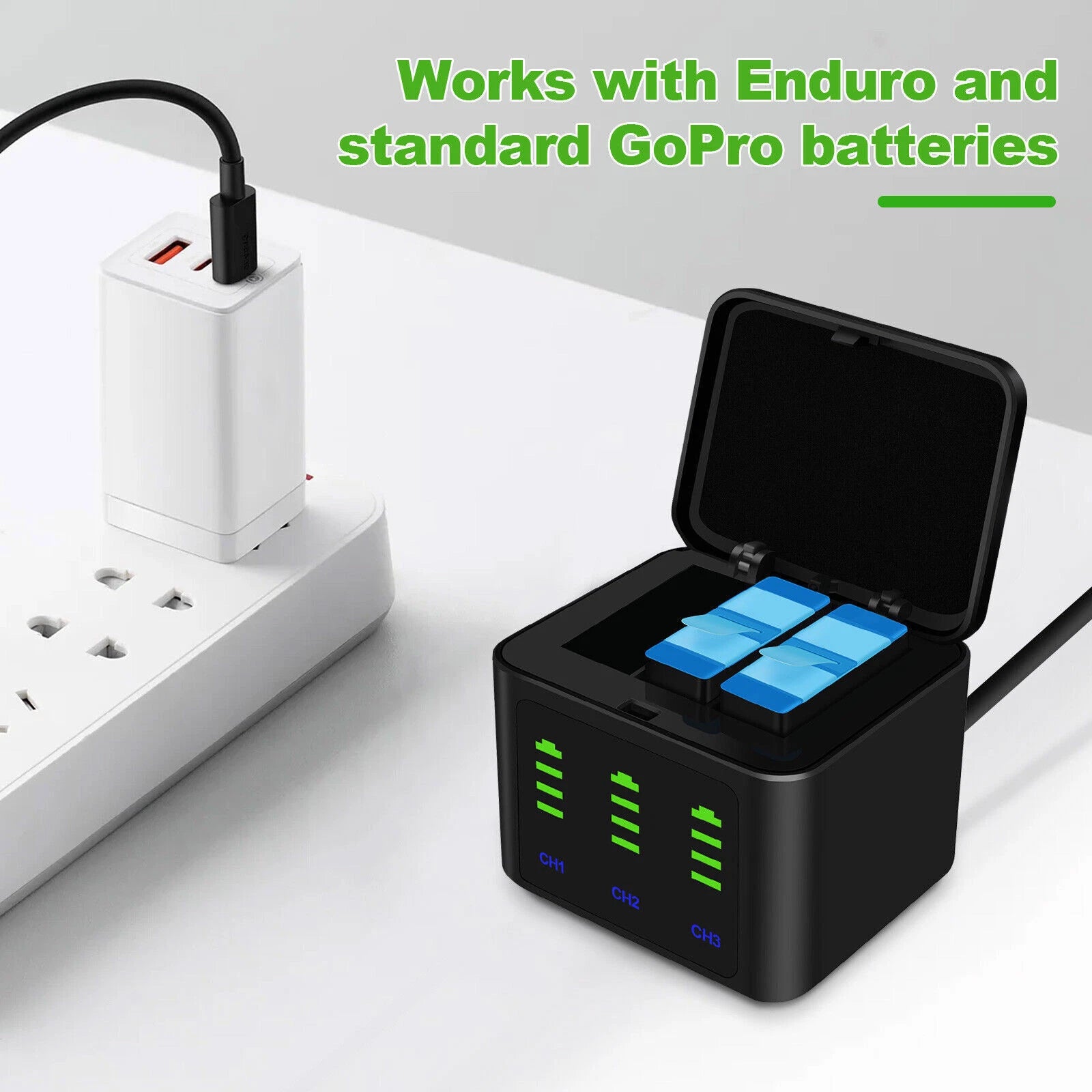 Upgrade 3-Channel Battery Charger W/2* Batteries For GoPro Hero 9/10/11/12 Black