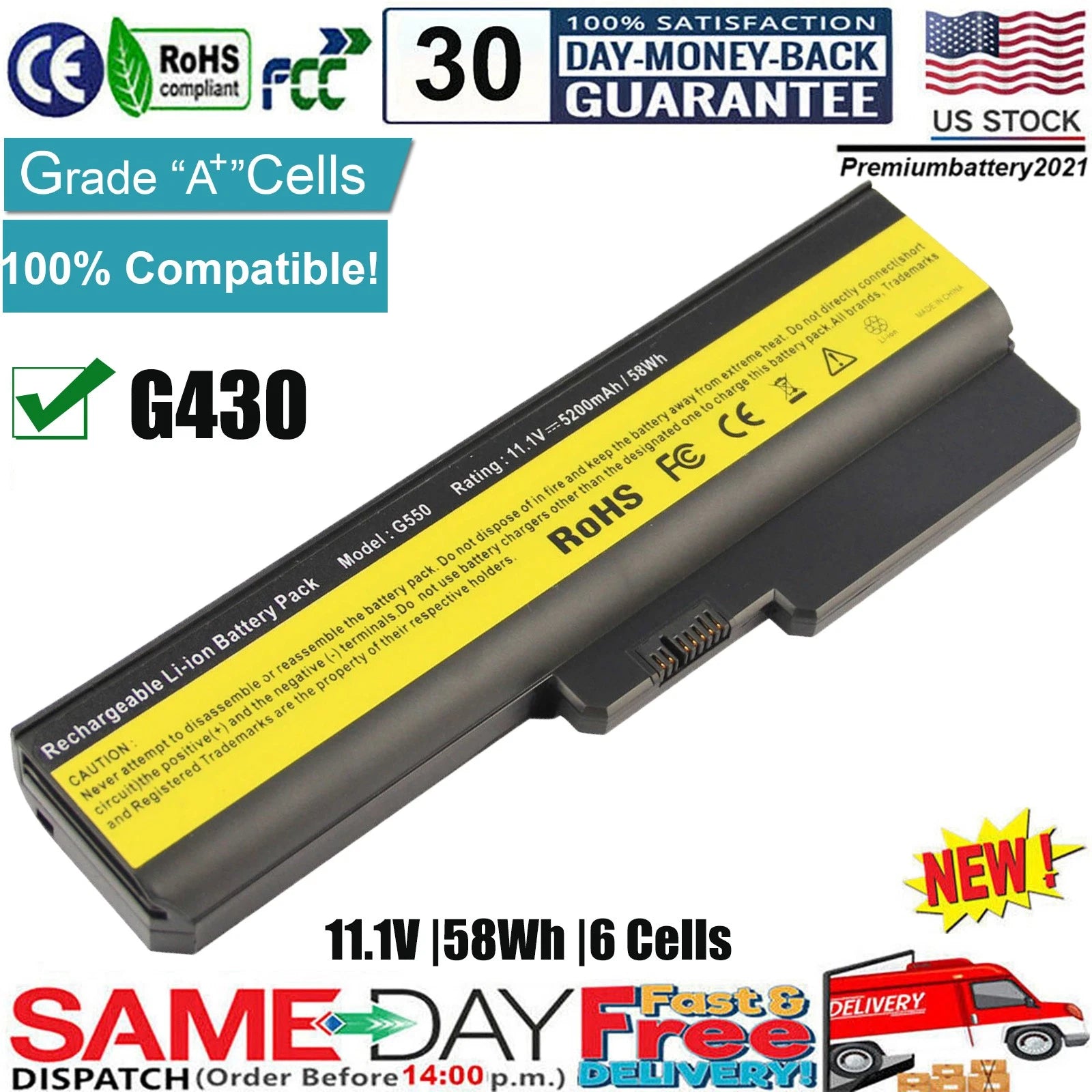Laptop Battery for Lenovo 3000 G530-4446 N500-4233 IdeaPad B550 G430 G550 G555