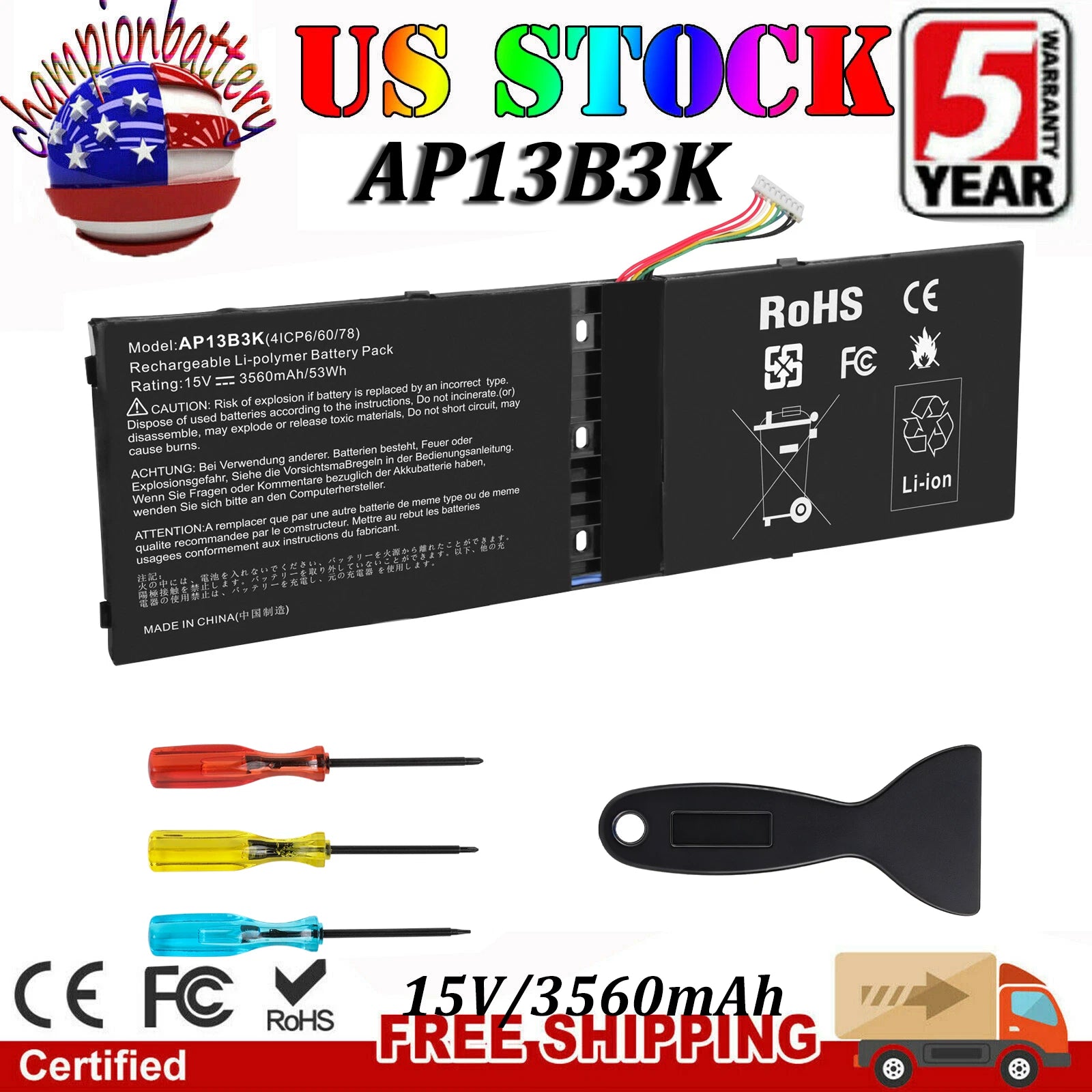 AP13B3K Replacement Battery for Acer Aspire R7-572 R7-572G R7-571 R3-471T 53Wh