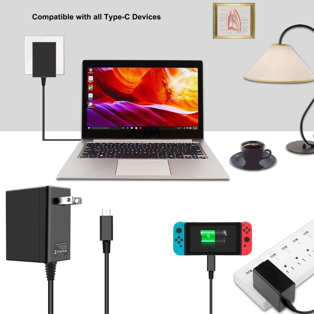For Nintendo Switch or LITE Fast Charging Charger AC Adapter 2.4A Type C Cable