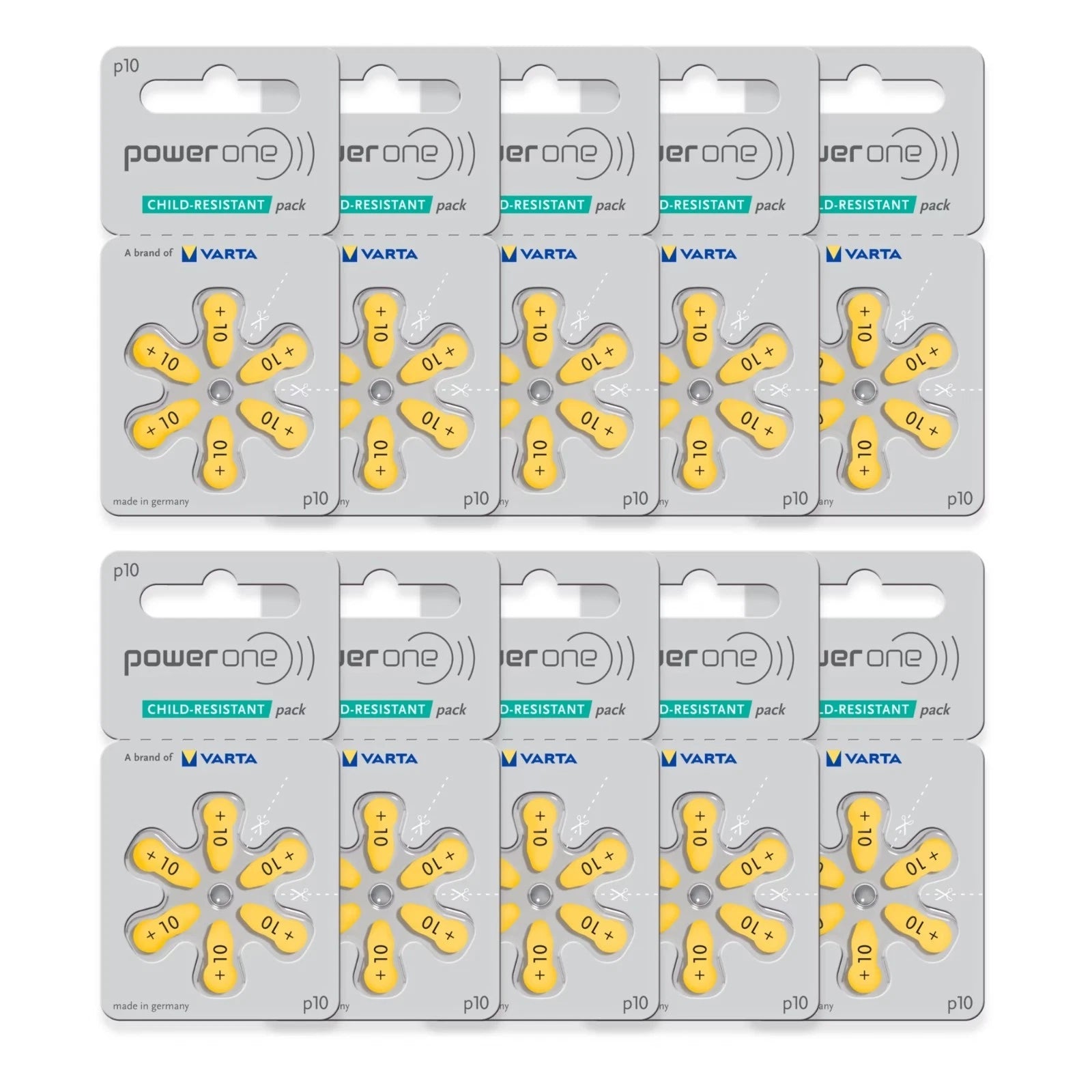 Power One Hearing Aid Batteries Yellow Size 10 Pack of 6 (60 Batteries) Exp 2029