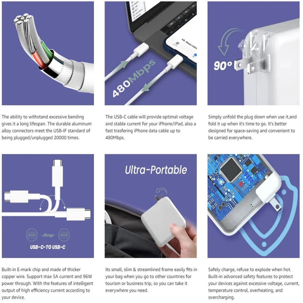 PD 140W 96W USB-C Type Macbook Pro Charger Power Adapter For Macbook Air Laptop