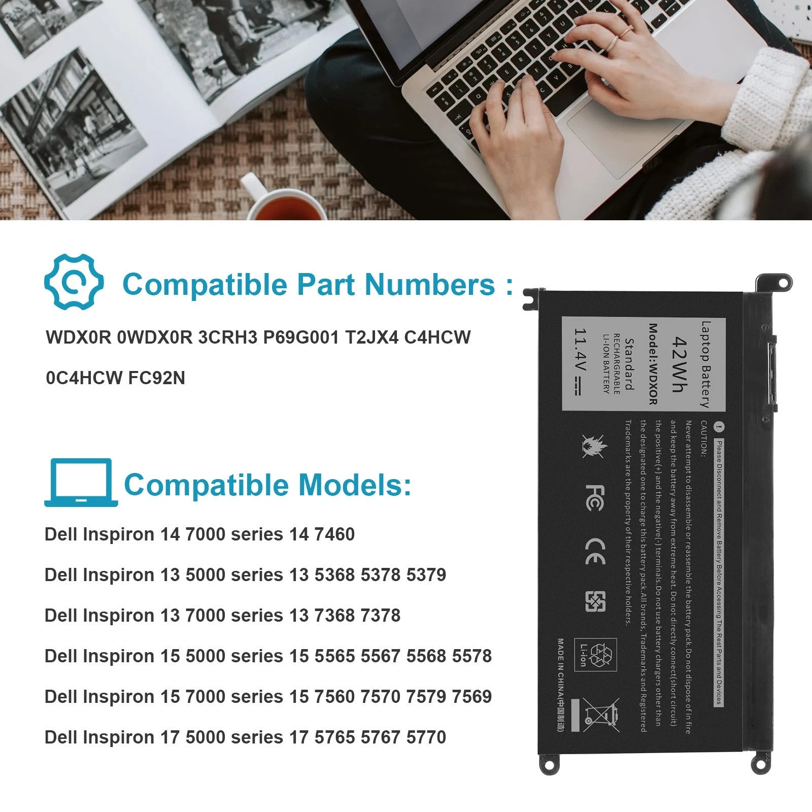 42Wh For Dell Inspiron Li-Ion Battery T2JX4 3CRH3 FC92N CYMGM C4HCW WDXOR 0WDX0R