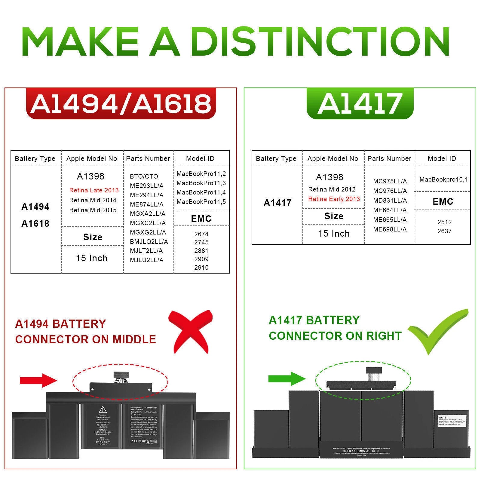 A1618/A1417 Battery for Macbook Pro 15'' A1398 Late 2013 Mid 2012 2014 2015