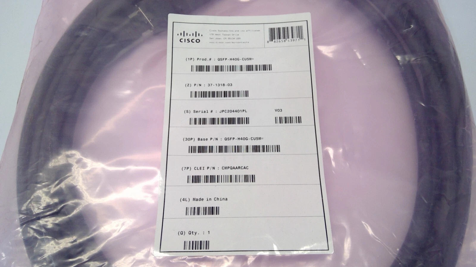CISCO QSFP-H40G-CU5M 40GBASE-CR4 QSFP Passive Direct Copper Cable 5M 37-1318-03