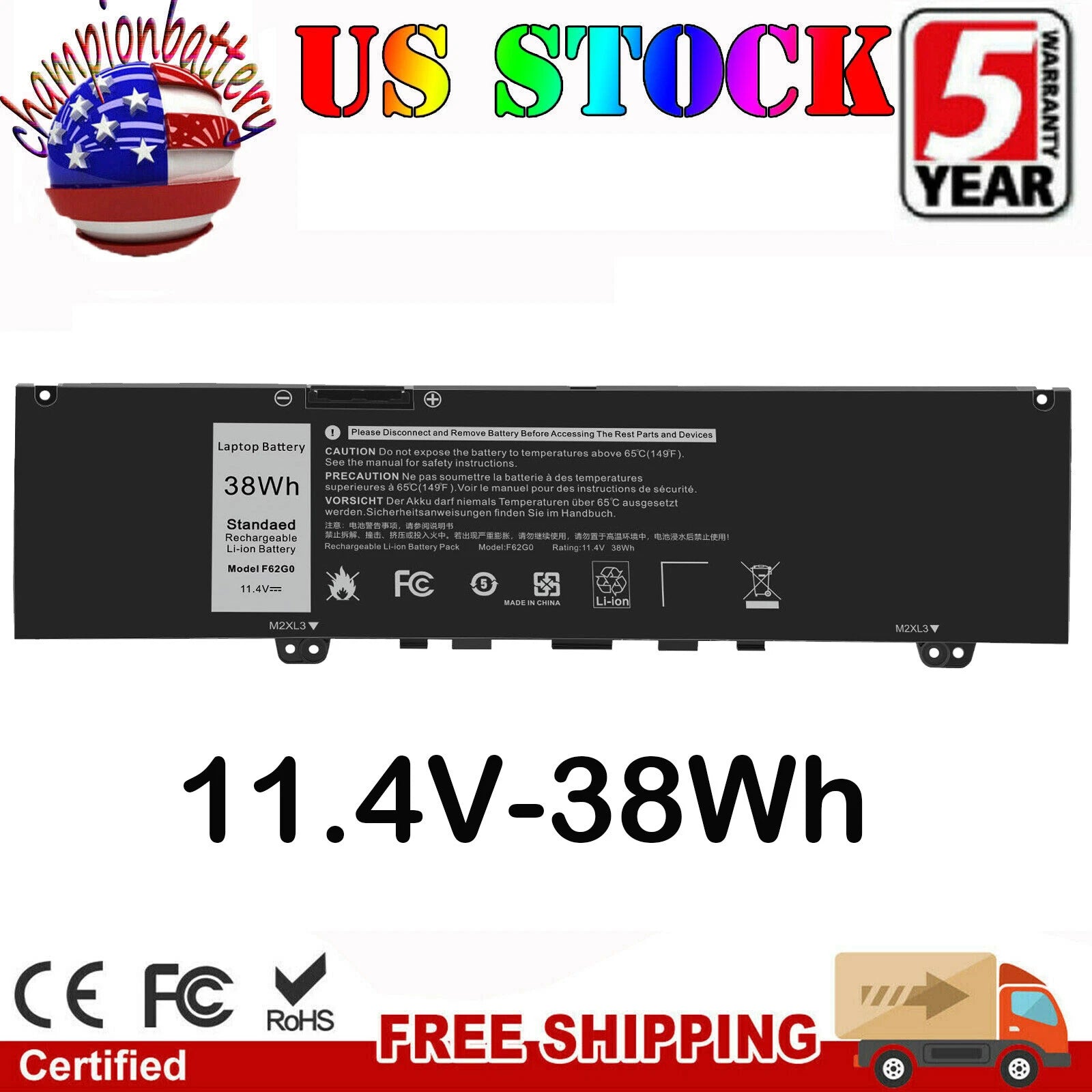 Battery For Dell Inspiron 13 7370 7373 7380 7386 P83G P87G001 F62G0 39DY5 RPJC3