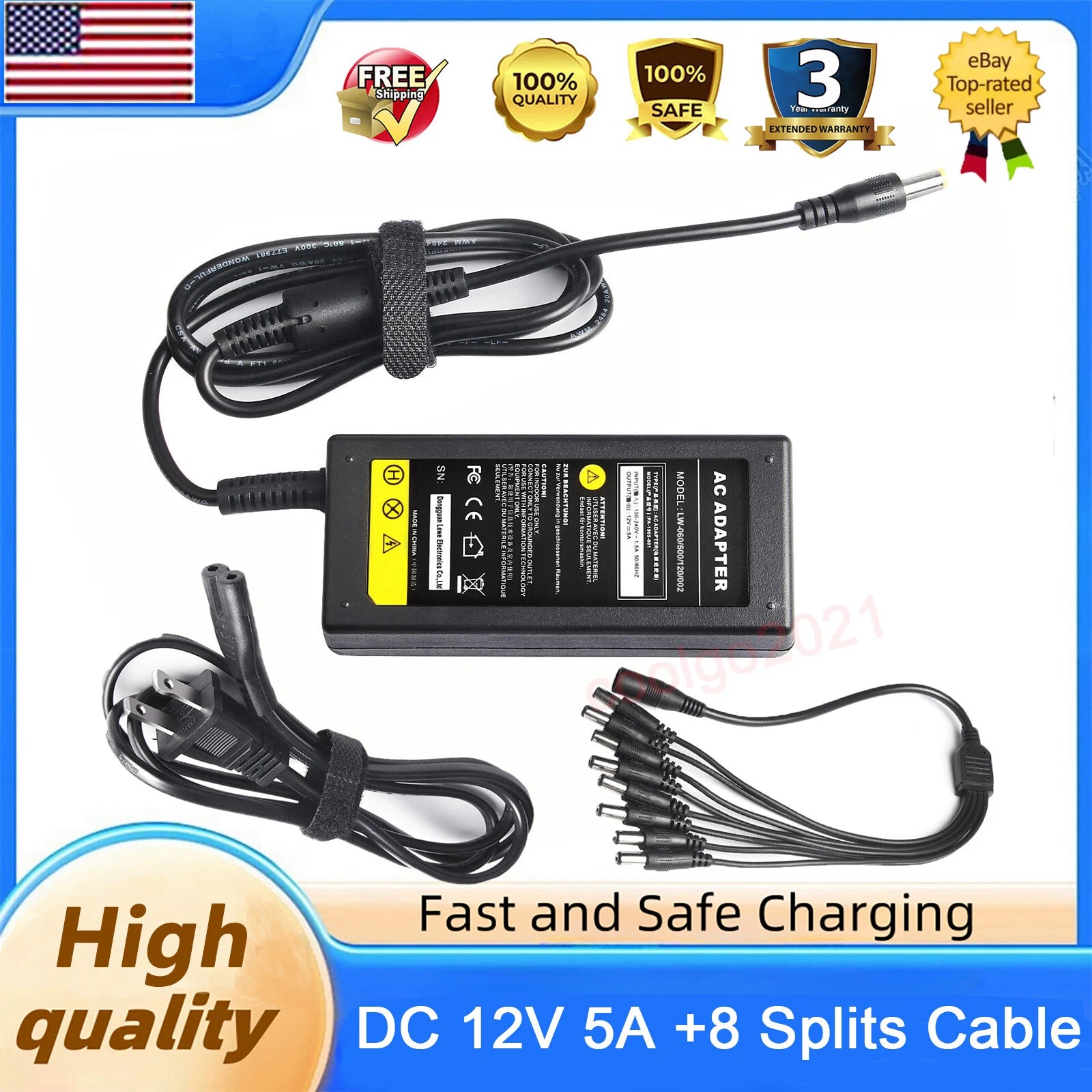 Security Camera Power Adapter Cable US Plug For 12V CCTV W/ 8 Way Splitter Cable