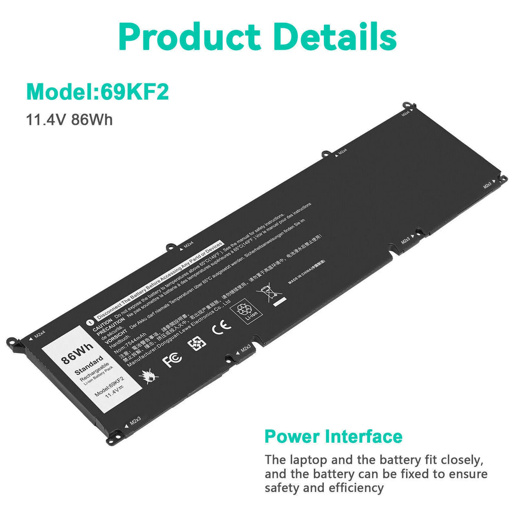 ?86Wh 69KF2 Battery for Dell XPS 15 9500 9510 9520 G15 5510 Alienware M15 R4 R5