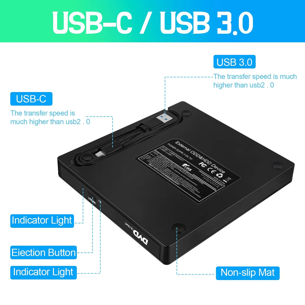 External CD DVD Drive, USB 3.0 Player Burner Writer, for PC Laptop Windows 11 10
