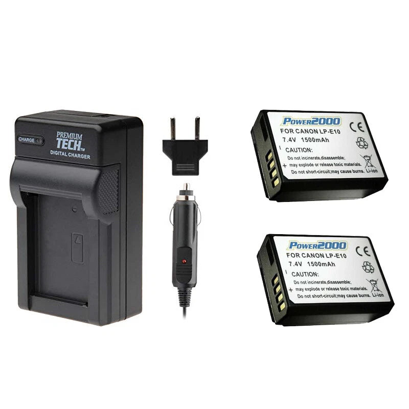 2 x LP-E10 Batteries + Charger for Canon Rebel T3, T5, T6, T7, 1200D, 3000D