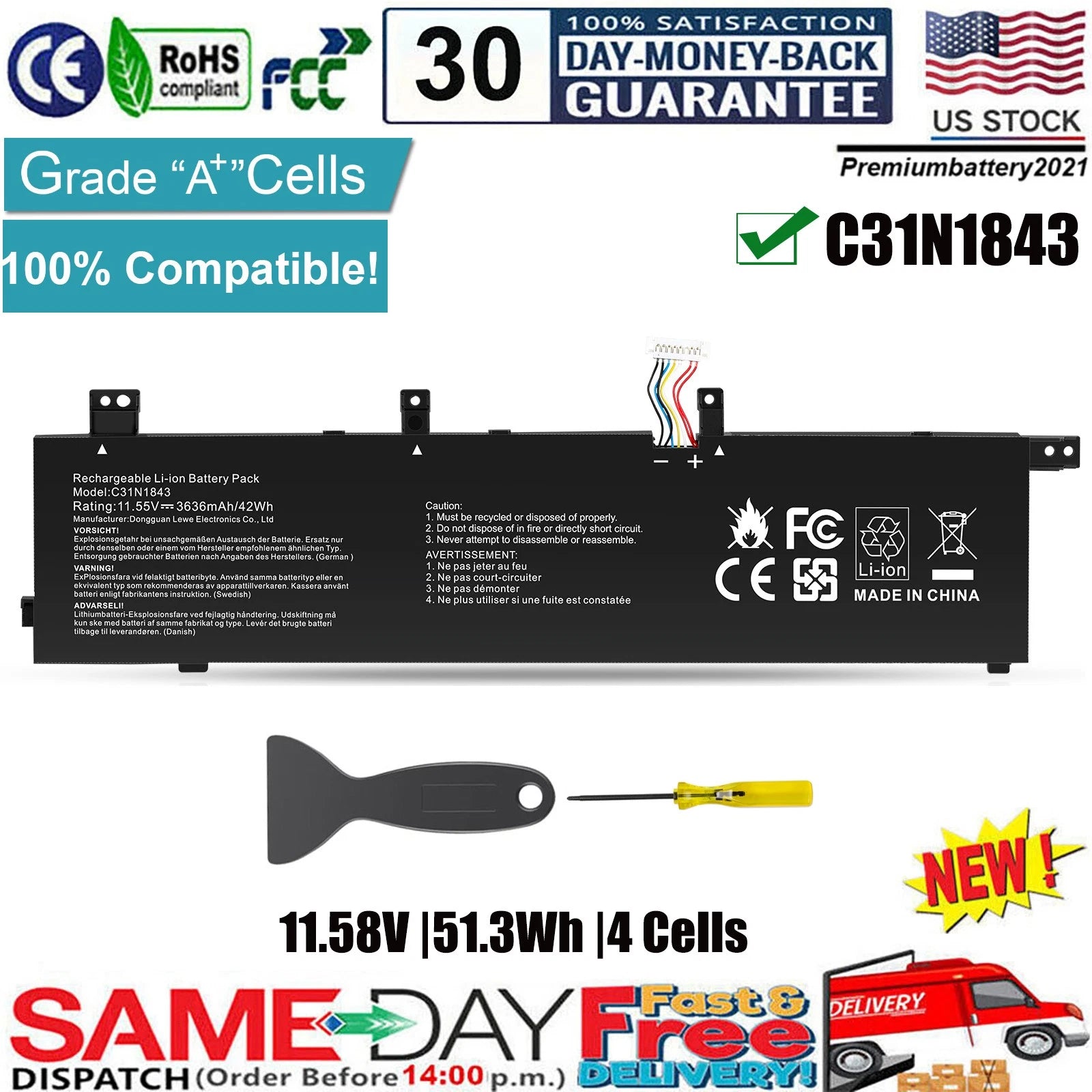 ?New C31N1843 Battery For Asus VivoBook S14 S432FA S15 S532FA S532FL 42Wh FAST