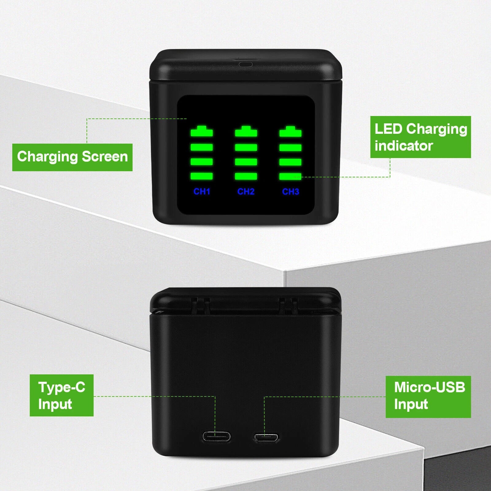 3-Channel Battery Charger With 2/3 Batteries For GoPro Hero 9/10/11/12 Black