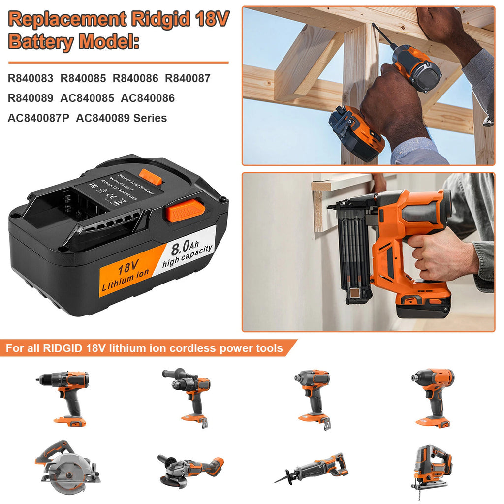 8.0Ah For Ridgid 18V Lithium-Ion Hyper R840085 Battery Pack R840087 R840086