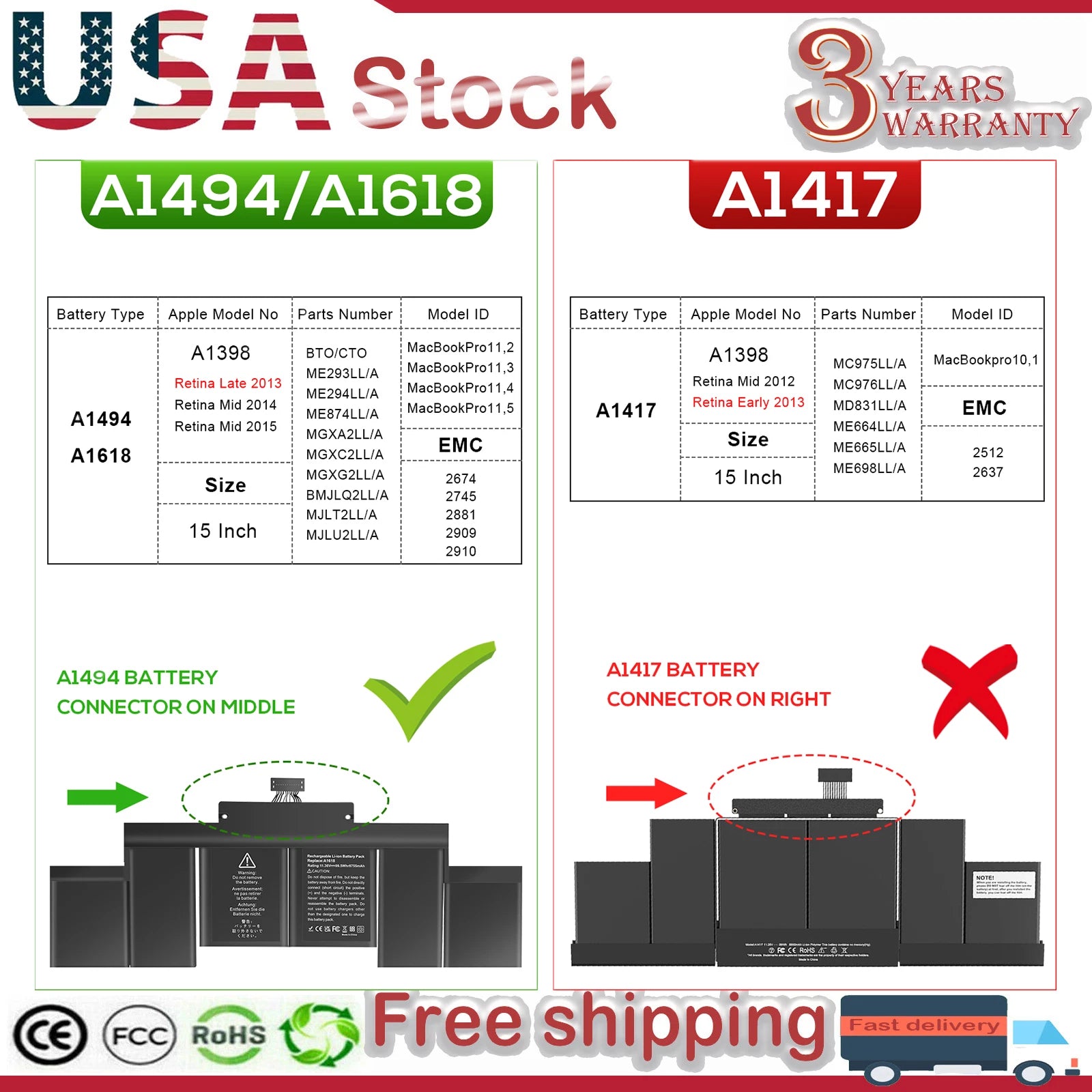 A1398 A1494 Battery For Apple MacBook Pro 15" Retina Late 2013 Mid 2014 2015