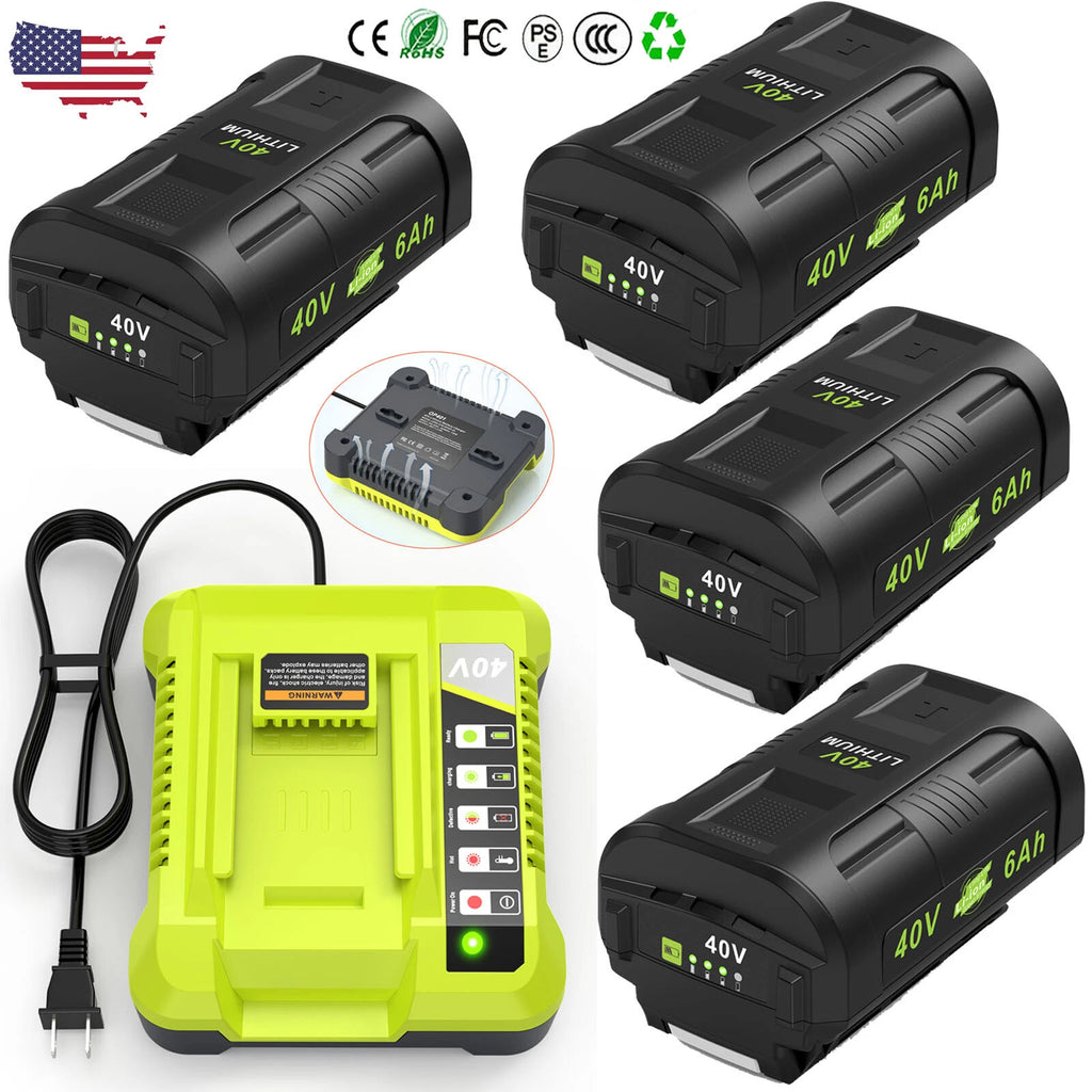 1-4x 6.0AH Battery For Ryobi 40V Lithium 40Volt OP4060 OP40602 LED Fast Charger
